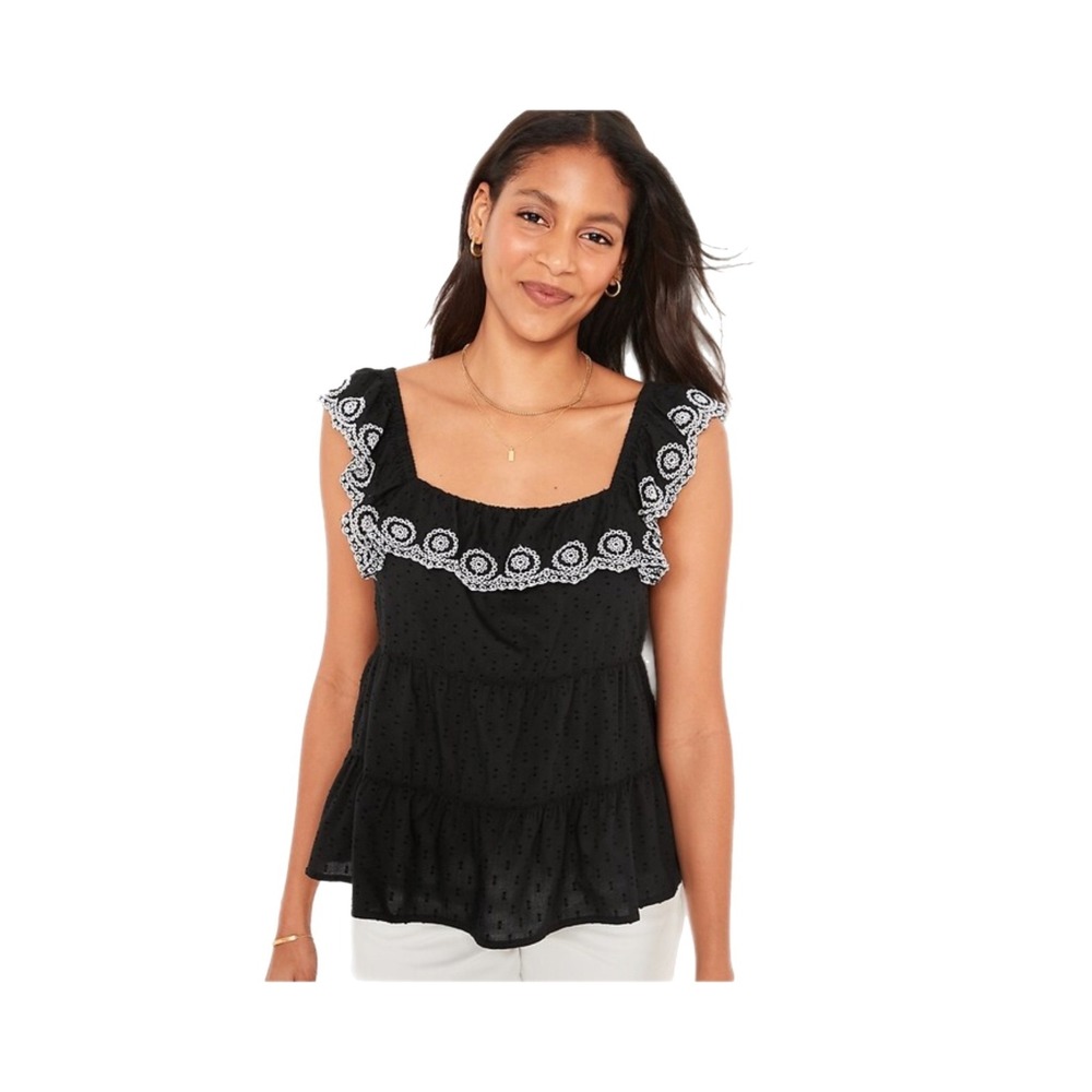 Old Navy Sleeveless Ruffled Tiered Embroidered Clip-Dot Swing Blouse Sz M - NEW